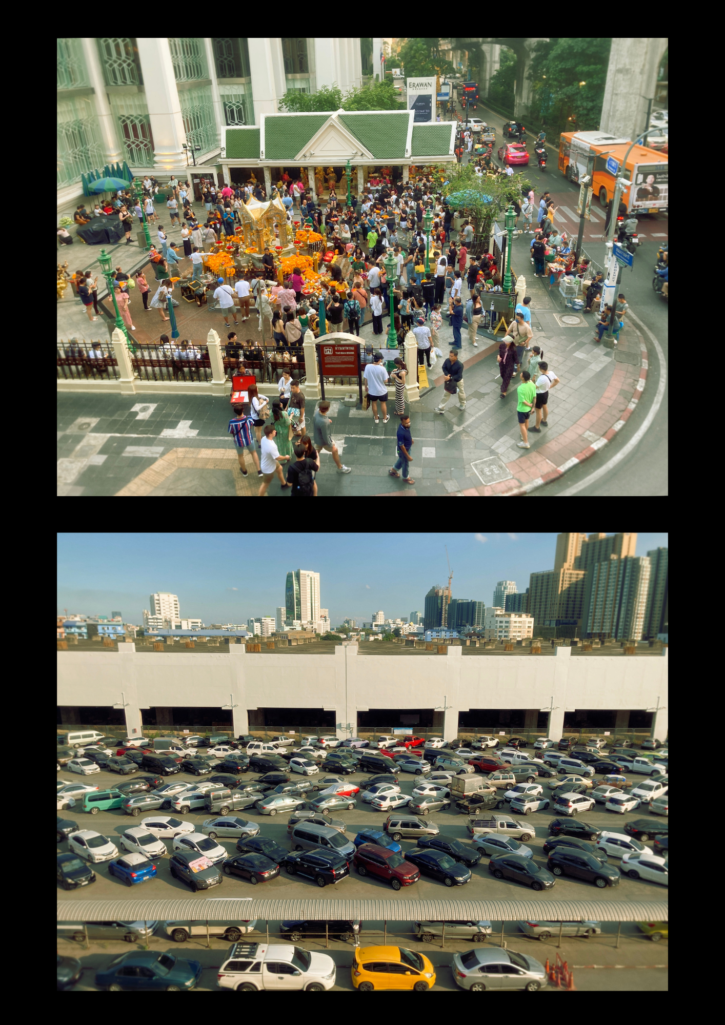 2 photographs of the same width arranged on a black background. the top paragraph shows a busy city turnaround. the second paragraph shows a parking lot packed with cars. both photographs are cool-toned yet evoke feelings of claustrophobia through the sheer number of people (implicated or virtually present) alone.